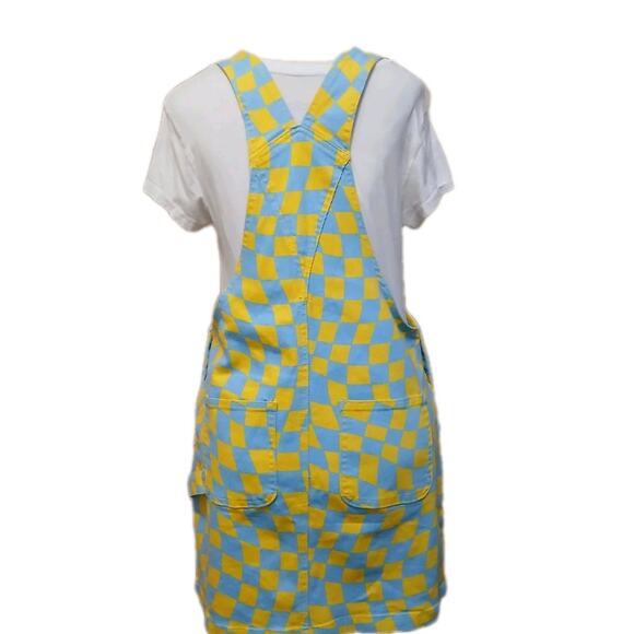 Forever 21 Denim Overall Dress Women Sz L Blue Yellow Check Stretch Mini Skirt - Picture 9 of 16